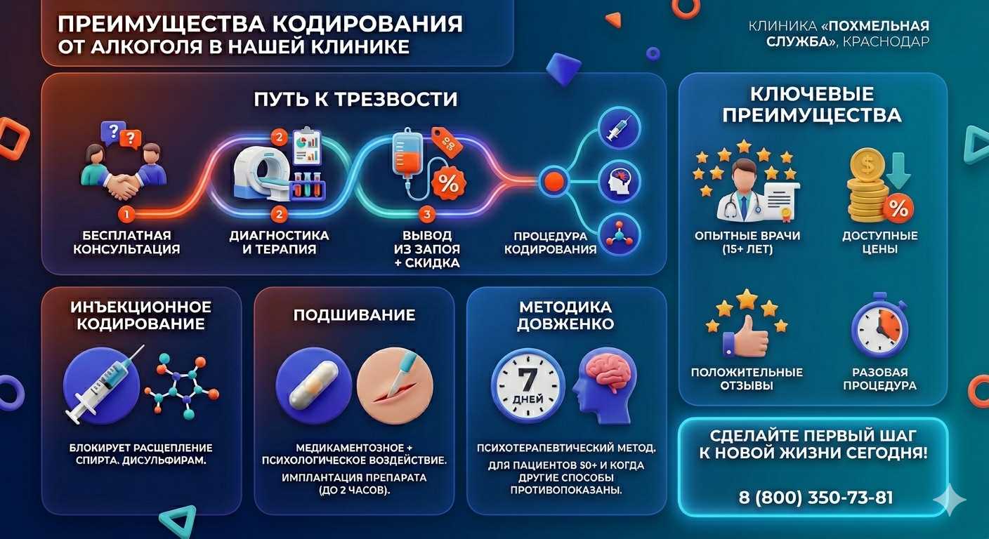 Инфографика о методах кодирования от алкоголя в Ревде: инъекции, подшивание, метод Довженко. Преимущества клиники и этапы лечения.